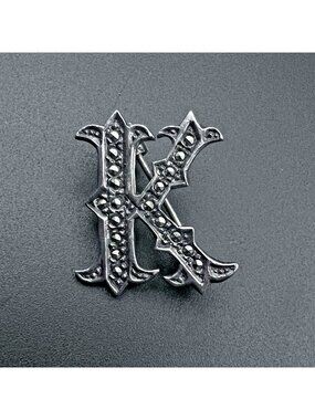 Vintage Sterling Silver & Marcasite Victorian Initial K Brooch Pin 1" 3.6g